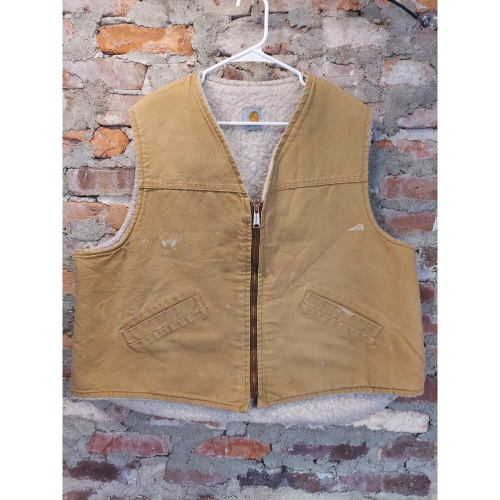 Carhartt Mens Vest Sherpa Lined Full Zip Work Duck Canvas Durable Tan